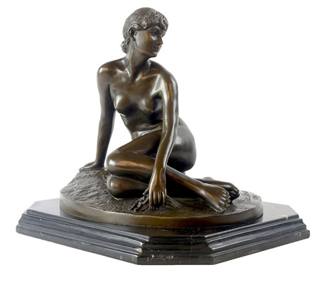 Nude Lady Sitting Bronze Sculpture On Marble Base
